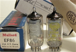 Brand New MINT NOS 1960-63 Mullard EF86 Mesh Shield tubes with Old Shield BVA logo. SAME REVISION. 9r2 B0x or B3xx Blackburn Production Date Codes. Made in Great Britain. Tested and matched on Top of the Line Calibrated Hickok 580 Lab Grade Tester.