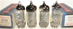 BATCH OF 4 TUBES - RARE Brand New MINT NOS 1955-58 and 1961 Mullard EF86 Square Getter and Halo Getter Mesh Shield tubes with Old Shield BVA logo. B5x/ B8x/9r2 Blackburn Production Date Codes. Made in Great Britain. Tested and matched on Top of the Line