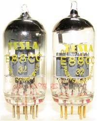 Single Tubes, MINT NOS 1965 Original Tesla E88CC 6922 Gold Pin Tubes with Gray Risers from Tesla Rožnov n.p. Závod Vrchlabí in former Czechoslovakia (now Czech Republic). Tesla E88CC tubes were copies of the 1960s Siemens tubes with Splatter Shield.