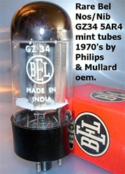 These GZ34's were manufactured by BEL (one of the Philips/Mullard OEM plants in India) in 1970s from British and US components (see USA on the base and hole in the center pin).  These are one of a kind, hard to get tubes.