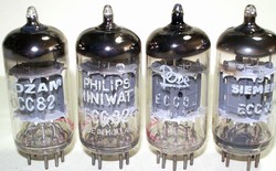 USED Matched Pairs 1960s Amperex/Philips ECC82 HALO Getter Tubes with various Labels like Adzam, Philips, Philips Miniwatt, Valvo, Pope, Dario and Siemens & Halske etc. Heerlen Holland Production Date Codes on all tubes.