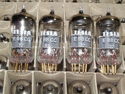 MINT NOS Mid 1970s Original Tesla E88CC 6922 Gold Pin Tubes with Gray Risers. Made by Tesla Rožnov n.p. Závod Vrchlabí in former Czechoslovakia (now Czech Republic). Packaged in generic white boxes from bulk box.