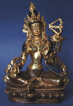 Statue Red Tara,  05.5  inch, Partially Gold Plated