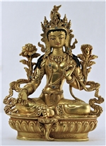 Statue Green Tara, 8.5 inch, Fully Gold Plated