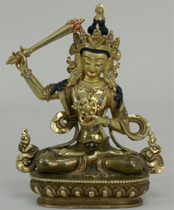 Statue Manjushri with Dharma Wheel, 05.5 inch, Partially Gold Plated