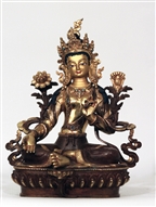 Statue Green Tara, 08 inch, Partially Gold Plated