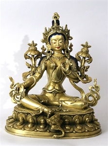 Statue Green Tara, 08.5 inch, Fully Gold Plated