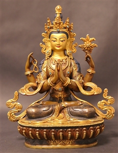 Statue Chenrezig, 08 inch, Partially  Gold Plated, Fine Carving