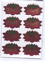 Eight shiny gold, red, and green lotus stickers.