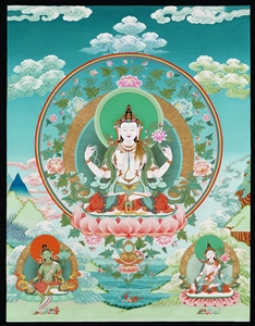 Avalokitesvara with Geen Tara and White Tara, 18 x 23 inch print