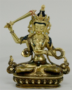 Statue Manjushri, with Wisdom Vase, Partially Gold Plated, 05.5 inch