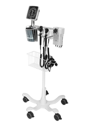 Rollstand-Mounted Mobile Diagnostic Station with HALOGEN Coaxial Ophthalmoscope, LED Fiber Optic Otoscope, Specula Dispenser, Aneroid, Cuff Basket, and one Adult (Limb size 26-36cm) Navy Blue Latex-Free Cuff. 5 Legged Recessed Rollstand Stand with Basket