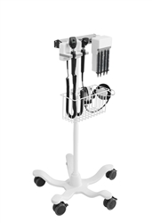 Rollstand-Mounted Mobile Diagnostic Station with HALOGEN Coaxial Ophthalmoscope, LED Fiber Optic Otoscope and Specula Dispenser. 5 Legged Recessed Rollstand Stand with Basket.