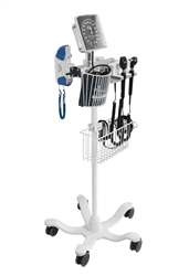 Rollstand-Mounted Mobile Diagnostic Station with LED Coaxial Ophthalmoscope, LED Fiber Optic Otoscope, Specula Dispenser, Infrared Tympanic Thermometry, Aneroid, Cuff Basket, and Adult (Limb size 26-36cm) Navy Blue Latex-Free Cuff. 5 Legged Recessed Rolls