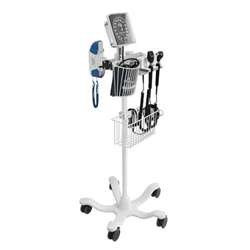 Rollstand-Mounted Mobile Diagnostic Station with LED Coaxial Ophthalmoscope, LED Fiber Optic Otoscope. 5 Legged Recessed Rollstand Stand with Basket