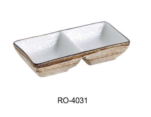 Yanco RO-4031 ROCKEYE, 5.5" DOUBLE DIVIDED SAUCE DISH, 3 oz each, 3" Width, 1.25" Height, China, Two-Tone, Pack of 36 - by Celebrate Festival Inc