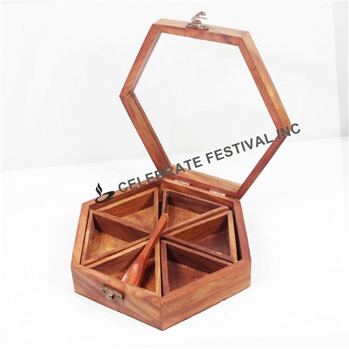 Hexagon Wooden Spice Box See Through Lid made available by Celebrate Festival Inc
