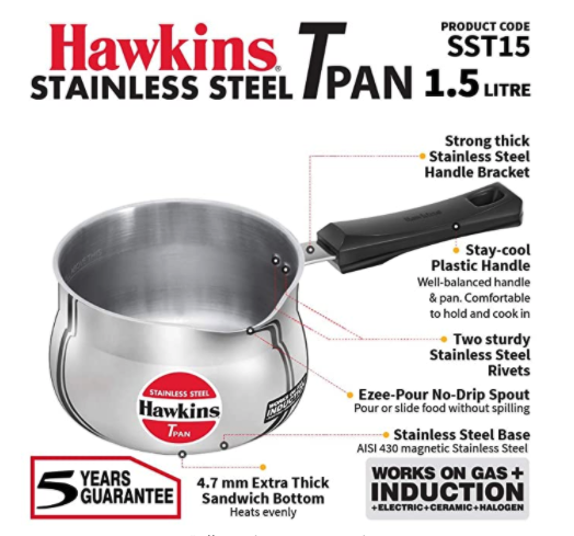 Hawkins Stainless Steel T Pan 1.5 Ltr