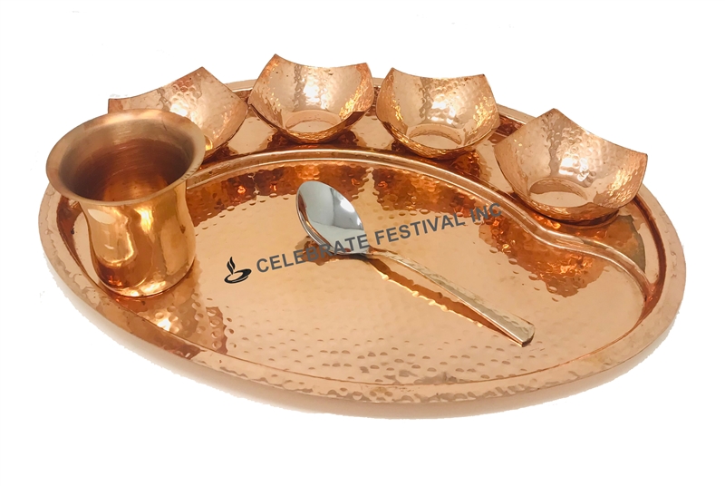 Hammered Traditional Design Copper Thali Set
