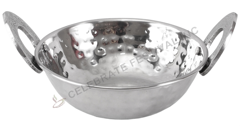 Kadai- Serveware - Indian Style Serving Bowl- Hand Hammered Stainless Steel 30 oz - made available by Celebrate Festival Inc