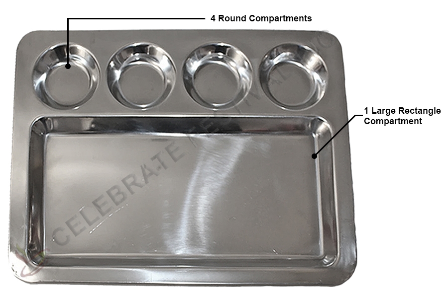 Stainless Steel Rectangular Dosa Mess Tray/ Thali with 4-Bowls and