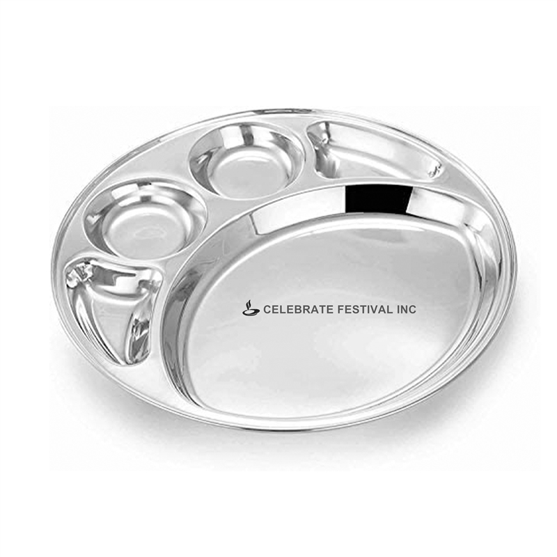 Round thali, Round Plate, Round Mess Tray, 5 Compartment Thali - made available by Celebrate Festival Inc