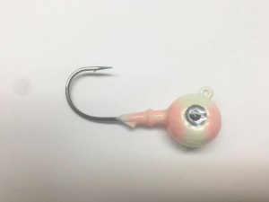 PINK SHINE GLOW Gulp matching round head jig. Fluke Jigs, Gulp Jigs, Round Head Jigs, Gulp Jig Heads, Gulp match round head jig. Poured on Mustad "Ultra Point" black nickle hooks. Perfect jigs for gulp 6" mullet or 6" gulp grubs. Berkley Gulp Jigs