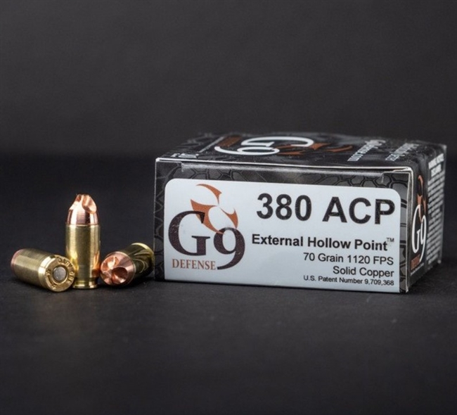 .380 AUTO / 70 GR SOLID COPPER EXTERNAL HOLLOW POINT / 20 RDS / G9 DEFENSE **NO LIMITS**