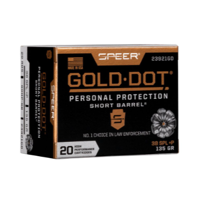 .38 SPECIAL + P / 135 GR HP GOLD DOT PERSONAL PROTECTION SHORT BARREL / 20 RDS / SPEER **NO LIMITS**