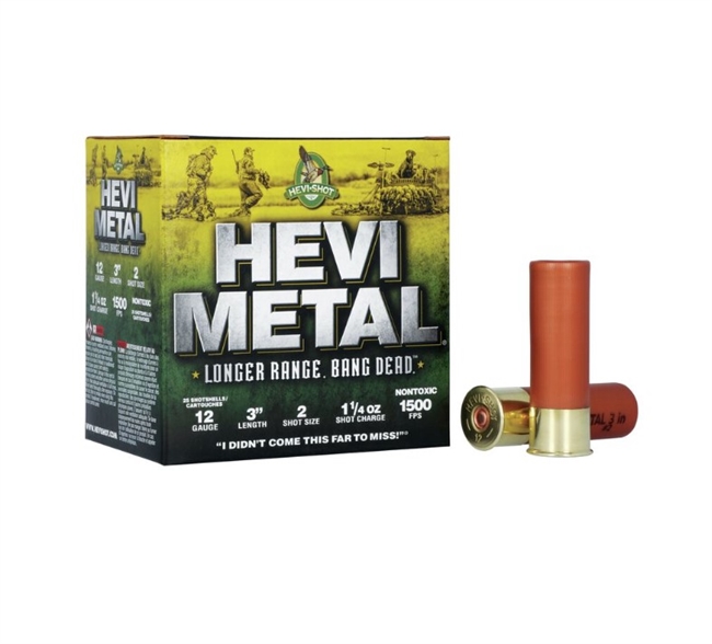 12 GAUGE / 3 IN. HEVI-METAL LONGER RANGE / 2 SHOT / 1.25 OZ / 25 RDS / HEVI-SHOT **NO LIMITS**