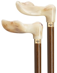 Palm grip cane handle molded -white marbleized acrylic, walnut stained hardwood shaft, 36" long