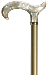 Ladies derby cane lucite handle-pearly blond, hardwood metallic gold high gloss finish shaft, with brass ring, 36" long