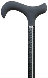 Ladie's Cane Carbon Fiber derby non-adjustable cane with black soft touch handle and checker style band on tapered shaft