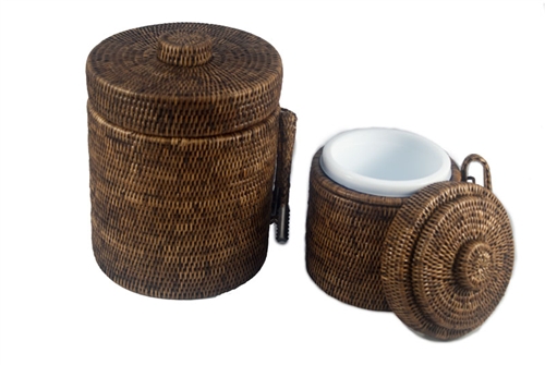 Large Rattan Ice Bucket with Liner & Tongs