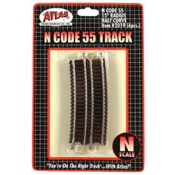 Atlas 2019 N Code 55 Track w/Nickel-Silver Rail & Brown Ties 15" Radius Half Curve Pkg 6