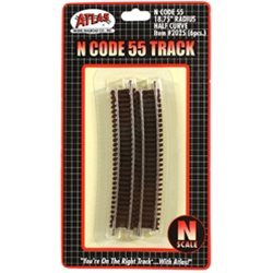 Atlas 2025 N Code 55 Track w/Nickel-Silver Rail & Brown Ties 18-3/4" Radius Half Curve Pkg 6