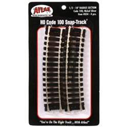 Atlas 834 HO Code 100 Curved Snap-Track Nickel-Silver Rail 1/2 Section 18" Radius Ties Pkg 4