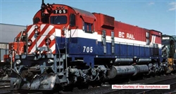 Bowser 24869 HO Montreal Locomotive Works M630 Standard DC Executive Line BC Rail 722 Hockey Stick Red White Blue Recessed Ditch Lights