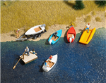 Busch 1157 HO Boat/Raft Set w/Trailer Kit 4 Boats 1 Raft