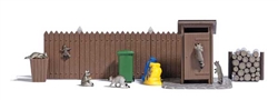 Busch 7922 HO Raccoons Action Set 5 Adult and 2 Young Raccoons Wood Fence Wood Pile Trash Can Cart Outhouse
