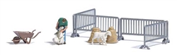 Busch 7933 HO Sheep Shearing Action Set Man Shearing Sheep Sheared Sheep Wheelbarrow Sheep Pen Wool Sacks