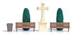Busch 8110 N Stone Cross Scene Stone Cross 2 Trees 2 Benches & Garbage Can