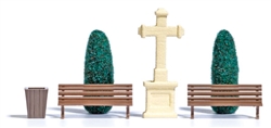 Busch 8110 N Stone Cross Scene Stone Cross 2 Trees 2 Benches & Garbage Can