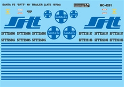 Microscale 4281 HO Atchison Topeka & Santa Fe ATSF Mini-Cal Speed-Lettering SFTT 40' Intermodal Trailers White blue; 1979+ 460-4281