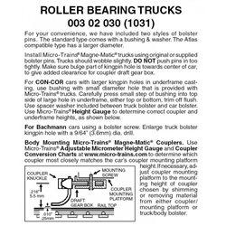 Micro Trains 003 02 030 Roller Bearing Trucks Less Couplers 1 Pair