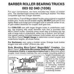 Micro Trains 003 02 040 Barber Roller Bearing Trucks Less Couplers 1 Pair