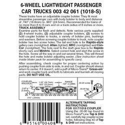 Micro Trains 003 42 061 N Six Wheel Passenger Car Trucks Standard w/Adjustable Couplers