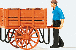 Preiser 28131 HO Individual Figure Worker Pushing Handcart w/Load of Barrels