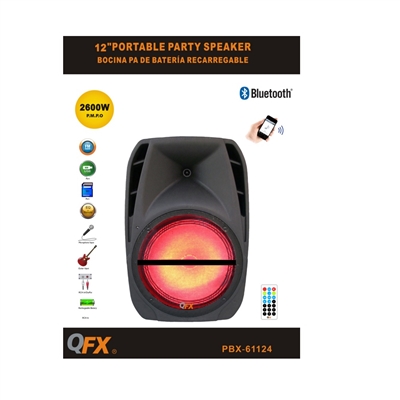 QFX PBX-61124 Rechargeable Speaker with Bluetooth/FM/USB/SD Input/Remote/Lights