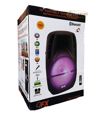 QFX PBX-71100BTL 10" Portable PA Speaker w/Bluetooth/FM/TF/USB/AUX-In/Lights/Remote